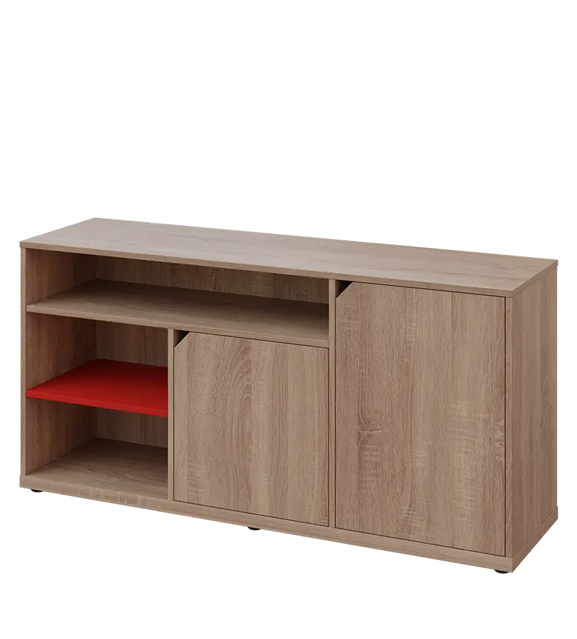 KU2-15DN3 P skříňka nízká 2-dveřová, nika, 740x1522x400, provedení pravé, korpus a dvířka dub bardolino/police červená